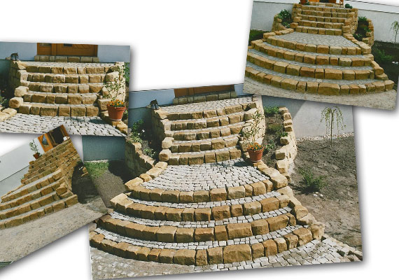 Treppenanlage aus Bruchsandstein<br />Auftritte aus Granit-Kleinsteinpflaster